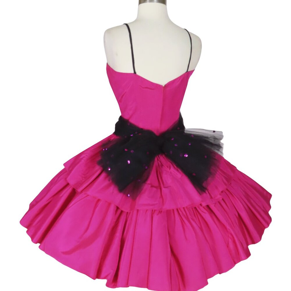 Vintage 80s Pink Black Beaded Tiered Full Skirt Prom Cocktail Party Dress S M - Picture 6 of 14